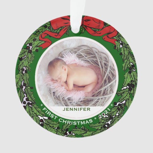 Baby First Christmas photo holly wreath Ornament