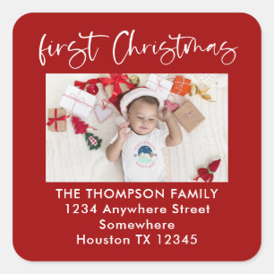 Baby First Christmas Photo Name Address Red Square Sticker