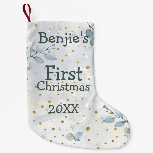 Baby First Christmas Photo Name Date Blue Leaf Small Christmas Stocking (Front)