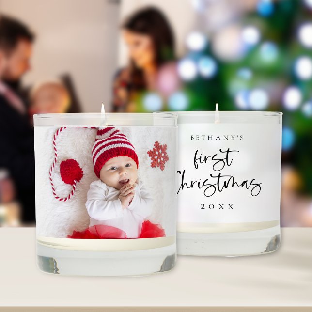 Baby First Christmas Photo Name Scented Candle (Front and back view)
