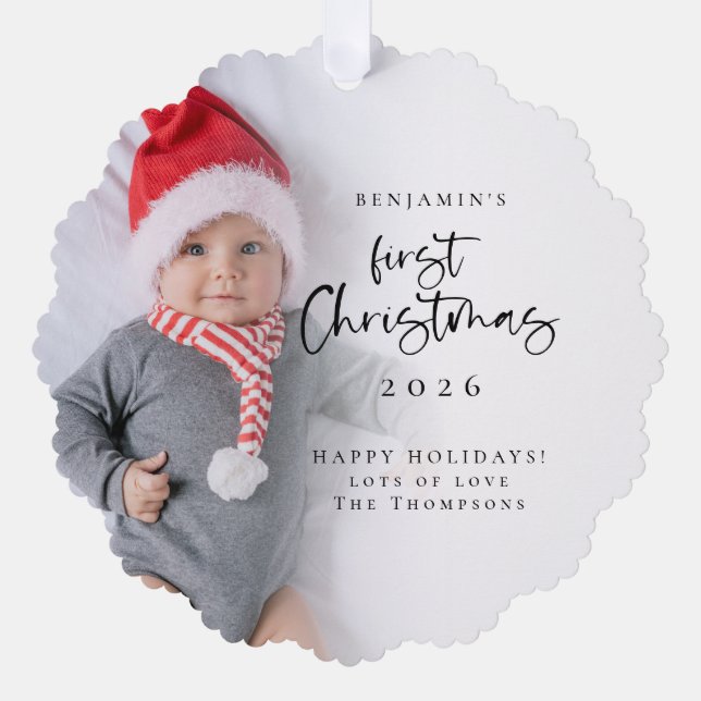 Baby First Christmas Photo Overlay 2026 Calendar Ornament Card (Front)