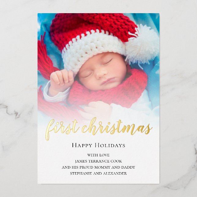 Baby First Christmas Photo Overlay Real Foil Holiday Card (Front)