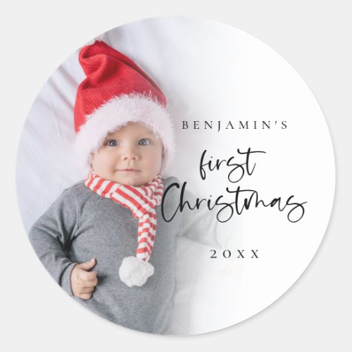 Baby First Christmas Photo Overlay Script Classic Round Sticker