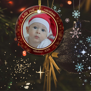 Baby First Christmas Photo Red 2 sided Ceramic Ornament