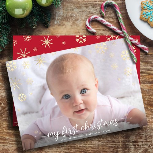 Baby First Christmas Photo Script Gold Snowflake Holiday Card
