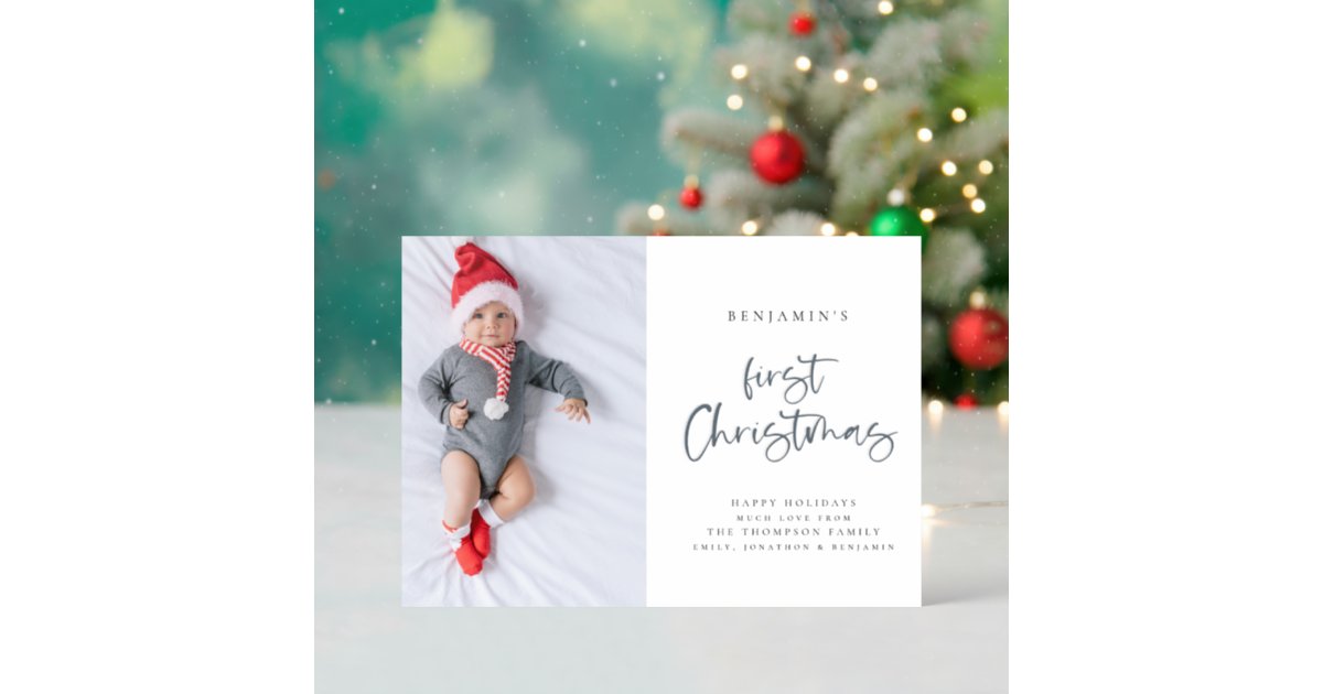 First Christmas Script Baby First Christmas Photo Script Letterpress Photo Cards | Zazzle
