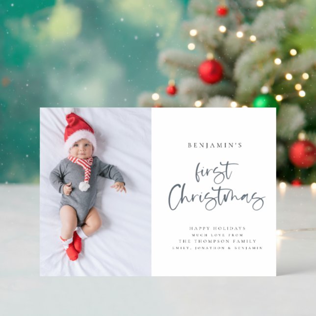 Baby First Christmas Photo Script Letterpress Photo Cards (Front (Into))