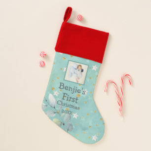 Baby First Christmas Photo Teal Stars Typography Stocking