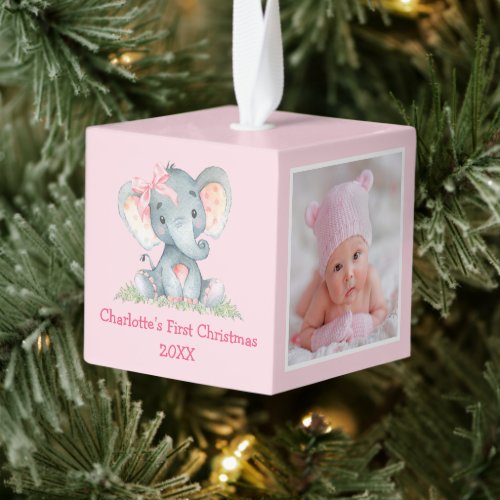 Baby First Christmas Photo Watercolor Elephant Bow Cube Ornament
