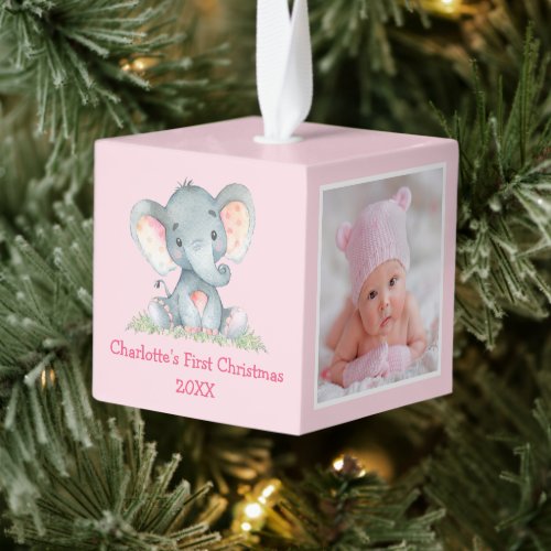 Baby First Christmas Photo Watercolor Elephant Cube Ornament