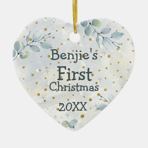 Baby First Christmas Photo Winter Leaf Heart Ceramic Ornament