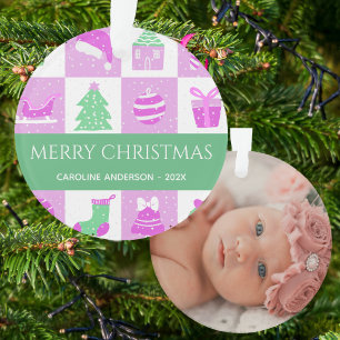 Baby First Christmas Pink Snow Custom Photo  Ornament