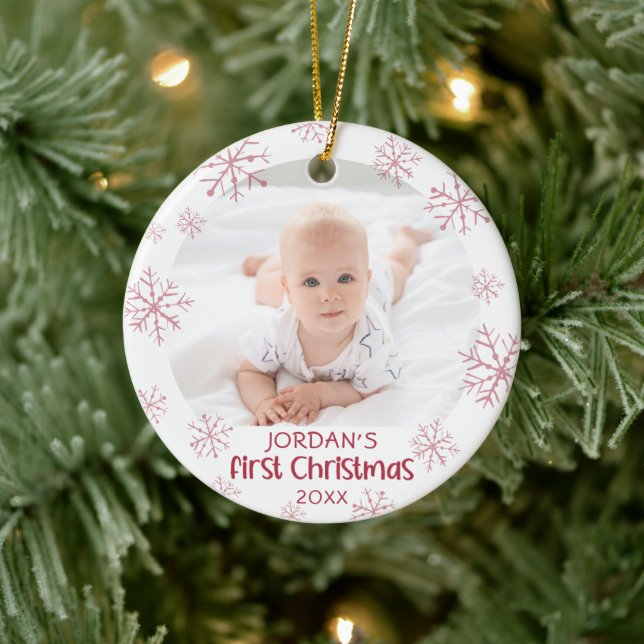 Baby First Christmas Pink Snowflake Girl 2 Photo Ceramic Ornament (Tree)