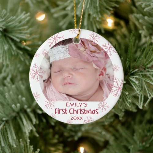 Baby First Christmas Pink Snowflake Girl Name Ceramic Ornament