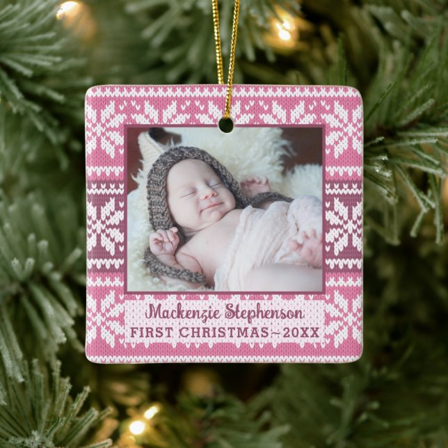 Baby First Christmas Pink Snowflake Sweater Photo Ceramic Ornament (Tree)