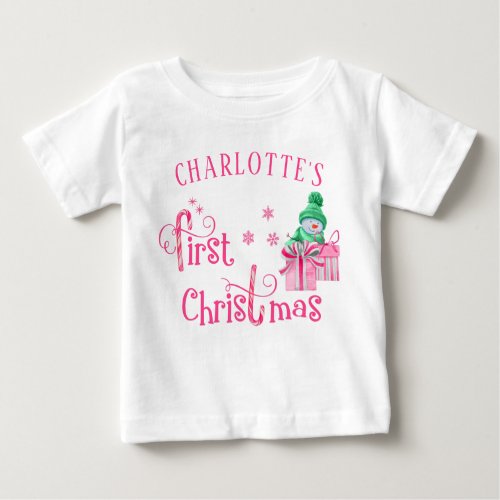 Baby First Christmas Pink Snowman and Snowflakes Baby T_Shirt