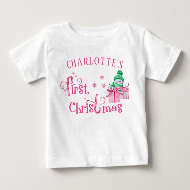 Baby First Christmas Pink Snowman and Snowflakes Baby T-Shirt (Front)