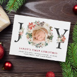 Baby First Christmas Poinsettia Ivory Floral Photo Holiday Card<br><div class="desc">Sending a Baby Birth Announcement with this "JOY Typography Poinsettia Floral Photo Holiday Card". It's easy to personalize to be uniquely yours. (1) For further customization, please click the "customize further" link and use our design tool to modify this template. (2) If you prefer Thicker papers / Matte Finish, you...</div>