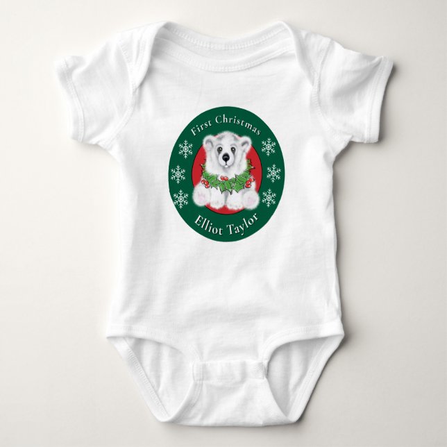 Baby first Christmas polar bear personalize Baby Bodysuit (Front)