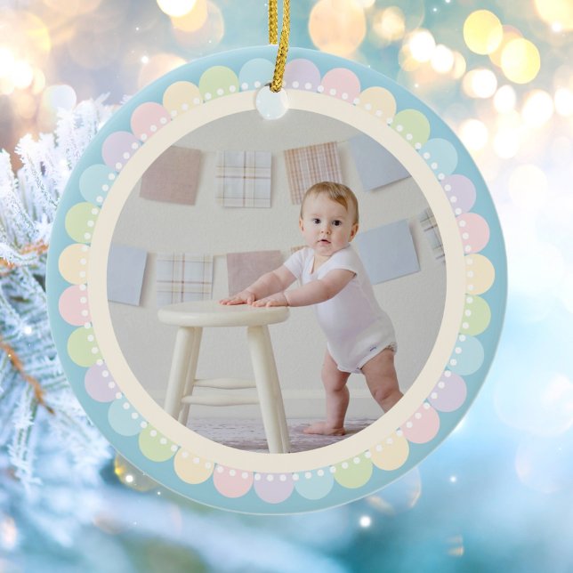 Baby First Christmas Rainbow Flower Frame Photo Ceramic Ornament (Creator Uploaded)