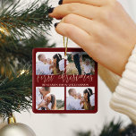 Baby First Christmas Red Gold Script Four Photo Ceramic Ornament<br><div class="desc">Elegant baby's first Christmas four photo collage keepsake ornament. Red and gold baby's first Christmas photo keepsake ornament can be customized with the baby's name and four photos on the front and back. Elegant "first Christmas" faux gold script.</div>