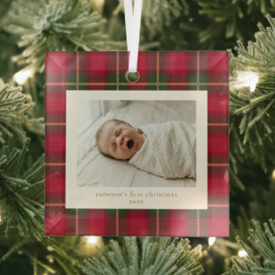 Baby First Christmas Red Green Plaid Newborn Photo Glass Ornament