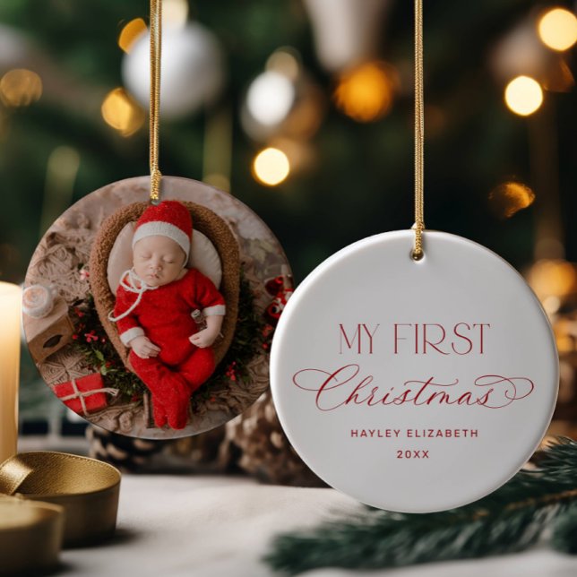 Baby First Christmas Red Photo Keepsake Ceramic Ornament (Creator Uploaded)
