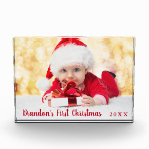 Baby First Christmas Red Script Photo Block