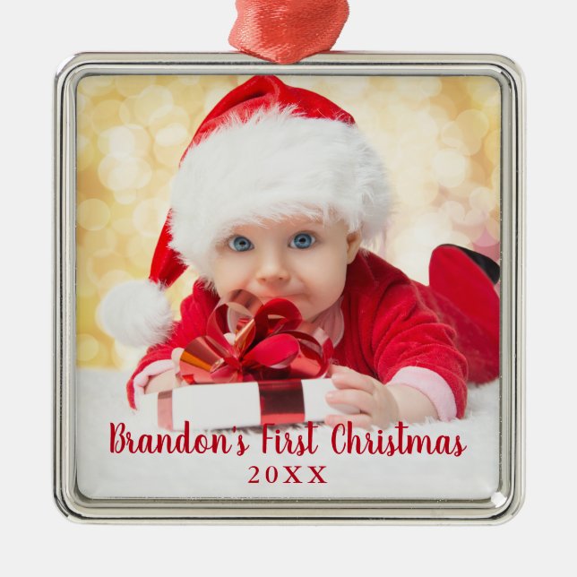 Baby First Christmas Red Script Photo Square Metal Ornament (Front)