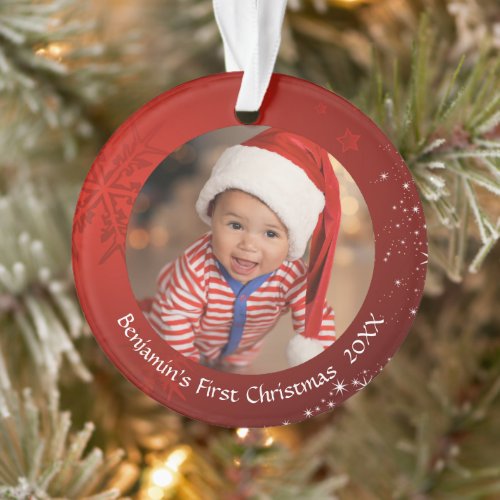 Baby First Christmas Red Snowflake 2 Photo Ornament
