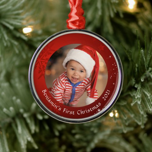 Baby First Christmas Red Snowflake Photo Keepsake Metal Ornament