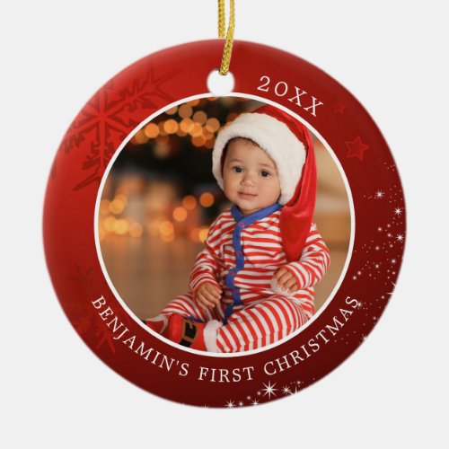 Baby First Christmas Red Snowflake Stars Photo Ceramic Ornament