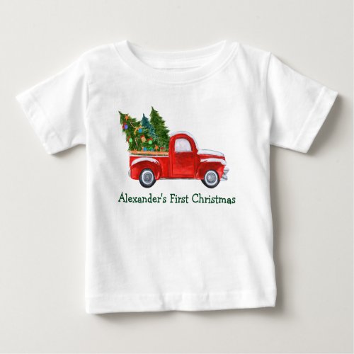 Baby First Christmas Red Truck Green Name Baby T_Shirt