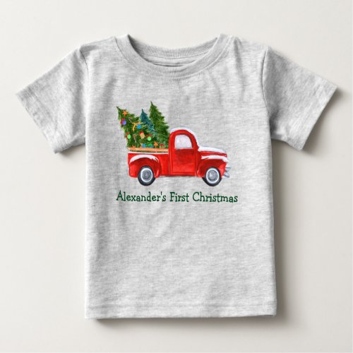Baby First Christmas Red Truck Green Name Gray Baby T_Shirt