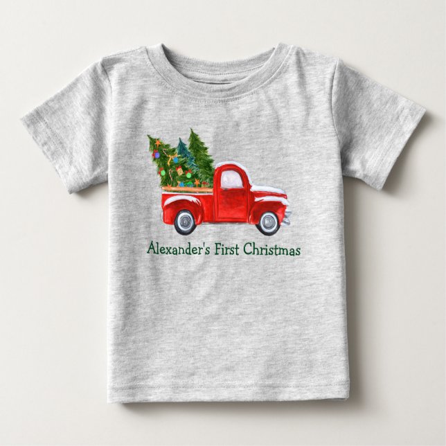 Baby First Christmas Red Truck Green Name Gray Baby T-Shirt (Front)