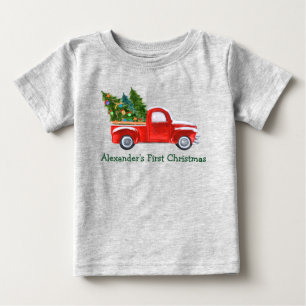 Baby First Christmas Red Truck Green Name Gray T-Shirt