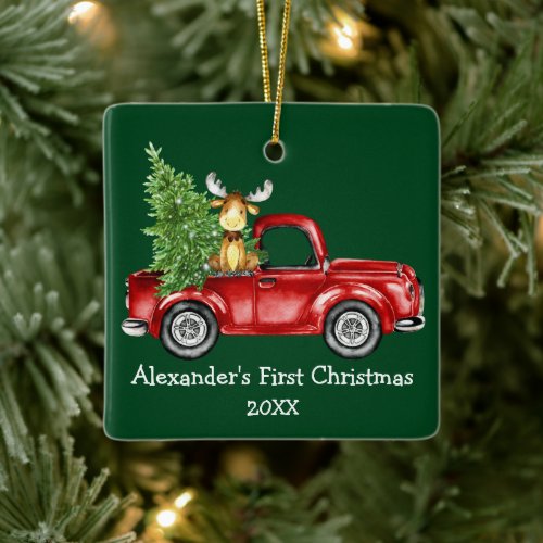 Baby First Christmas Red Truck Moose Green Ceramic Ornament