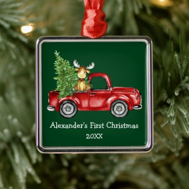 Baby First Christmas Red Truck Moose Green Metal Ornament
