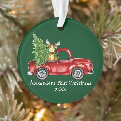 Baby First Christmas Red Truck Moose Green Ornament