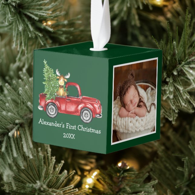 Baby First Christmas Red Truck Moose Green Photo Cube Ornament (Tree)