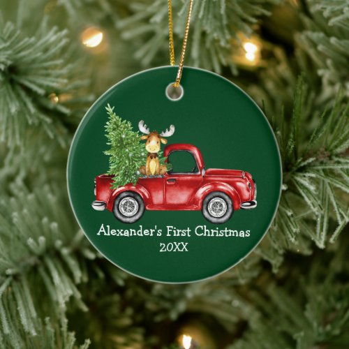 Baby First Christmas Red Truck Moose Green Round Ceramic Ornament