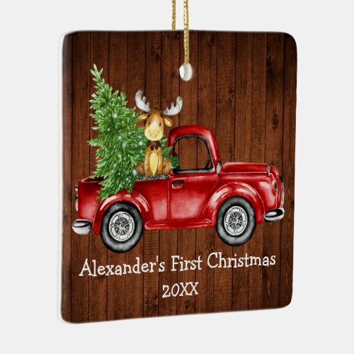 Baby First Christmas Red Truck Moose PHOTO BACK Ceramic Ornament