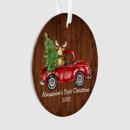 Baby First Christmas Red Truck Moose PHOTO BACK Ornament