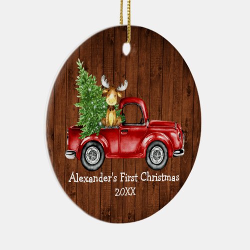 Baby First Christmas Red Truck Moose PHOTO BACK Rd Ceramic Ornament