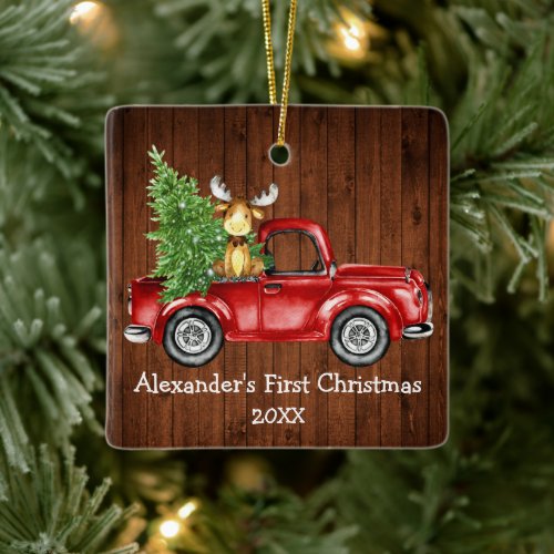 Baby First Christmas Red Truck Moose Rustic Ceramic Ornament