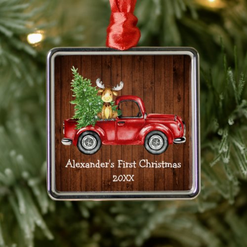 Baby First Christmas Red Truck Moose Rustic Metal Ornament