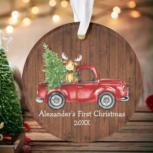 Baby First Christmas Red Truck Moose Rustic Ornament