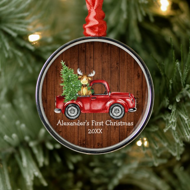 Baby First Christmas Red Truck Moose Rustic Round Metal Ornament (Tree)
