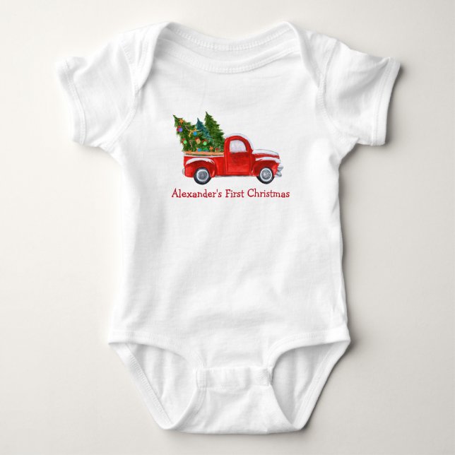 Baby First Christmas Red Truck Red Name Baby Bodysuit (Front)