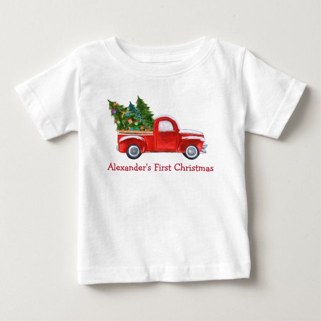 Baby First Christmas Red Truck Red Name T-Shirt (Front)